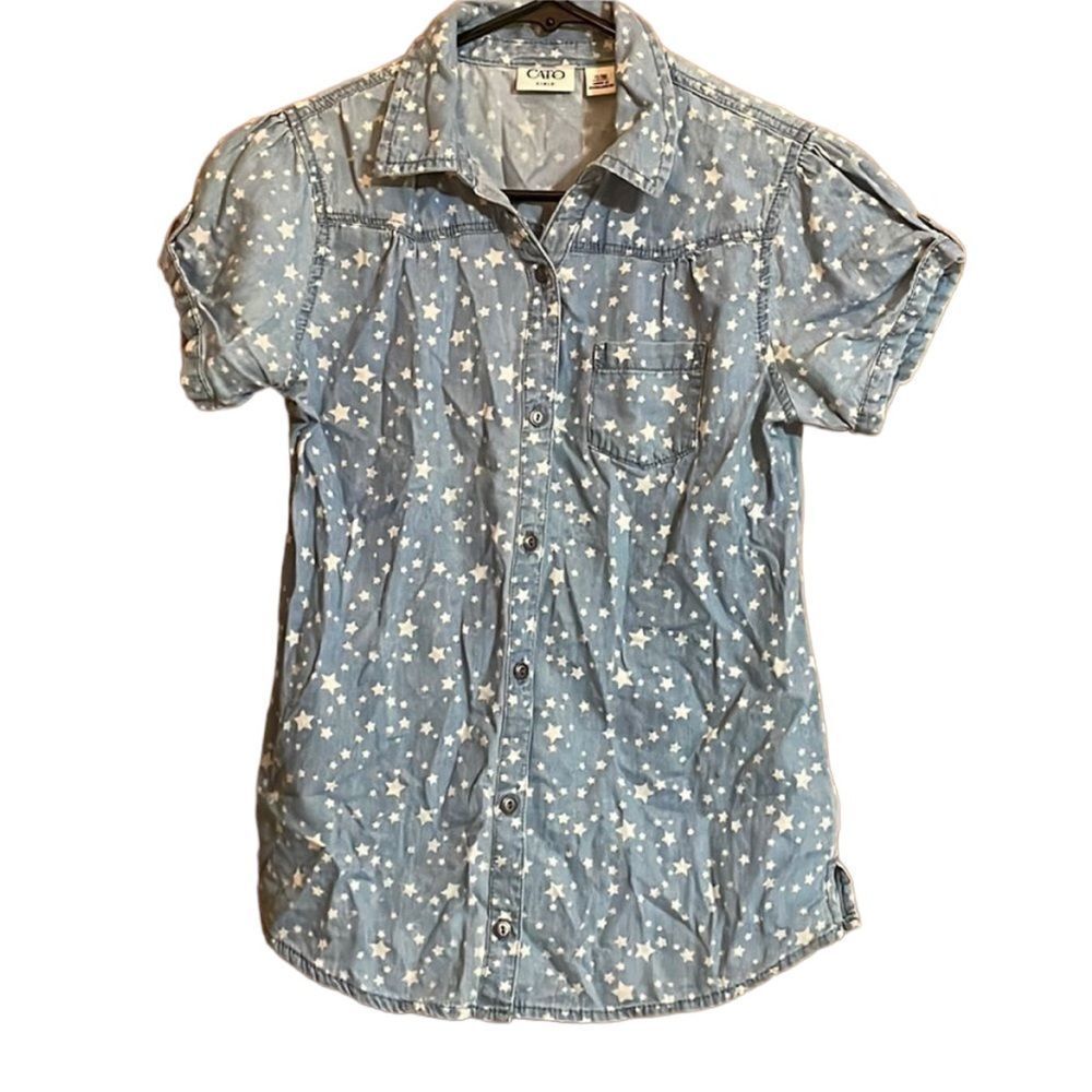 Cato Blouse Faded Blue Denim‎ Button Front With Stars Girls Size XL 16